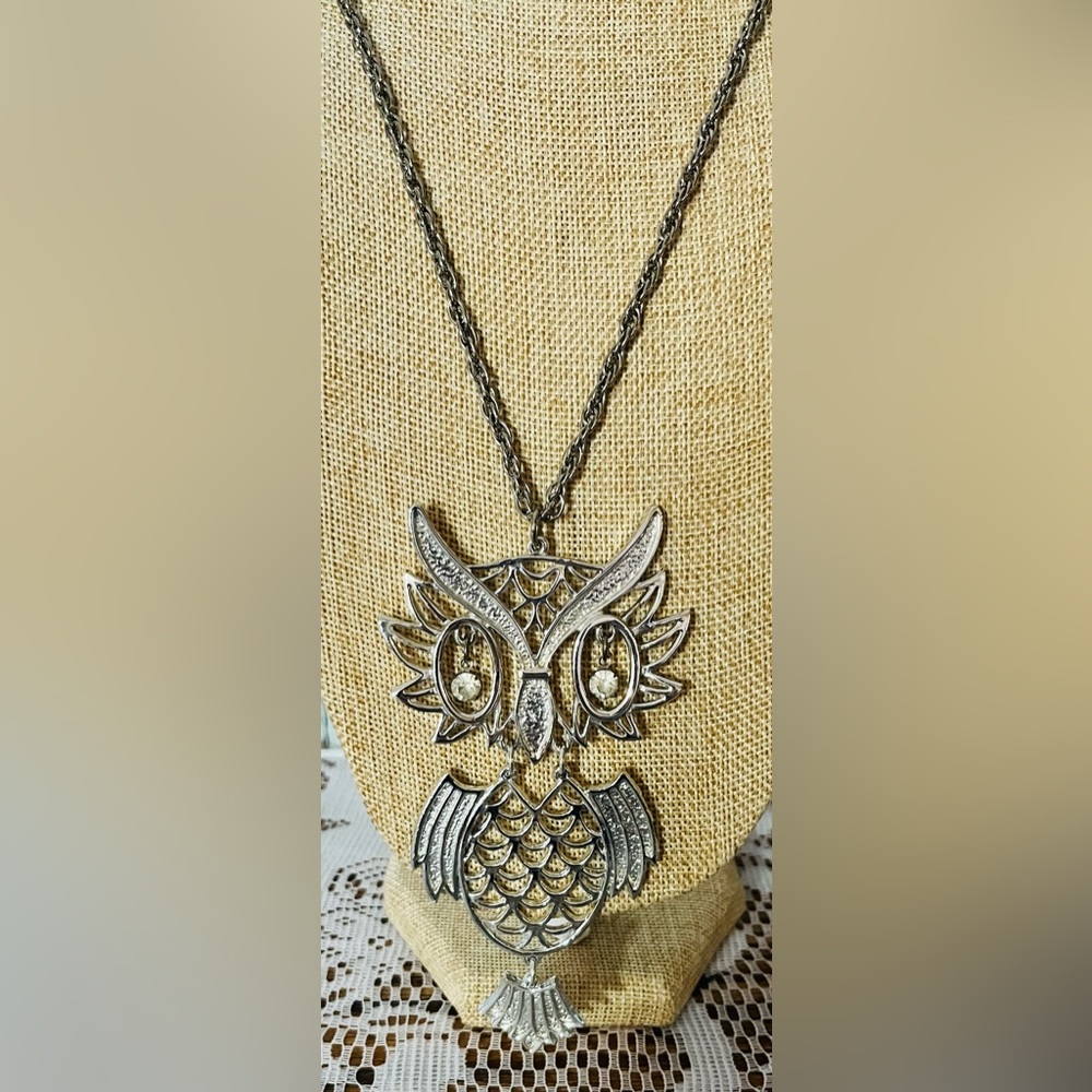 Vintage Silver Tone Owl Chain Necklace Large